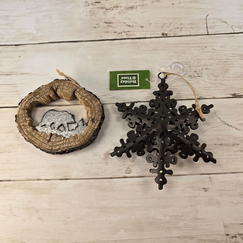 Holiday Time Ornaments Set 2 Wood Slice Bear Metal Snowflake Rustic‎